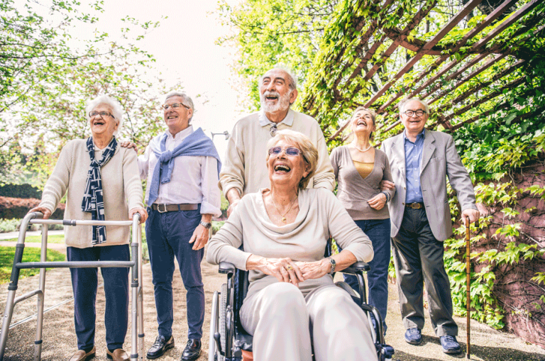 Senioren unterwegs mit Rollstuhl, Rollatur oder Spazierstock.