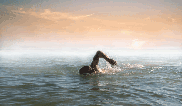 Ein Schwimmer beim Kraulschwimmen im Meer.