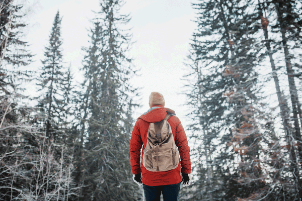 Ein Senior allein unterwegs im Wald im Winter.