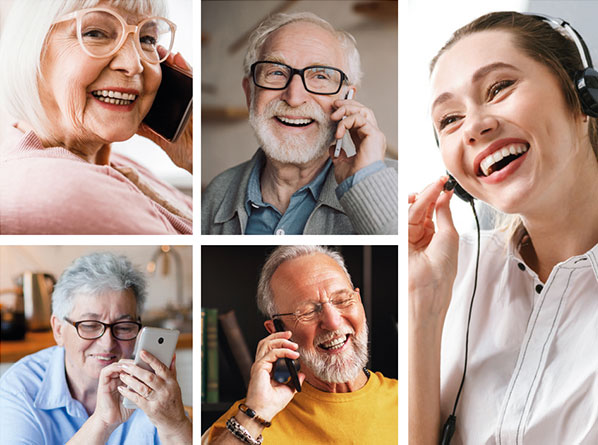 Collage Telefonstammtisch mit vielen telefonierenden Senioren und Moderatorin des ProVita Telefonstammtisches.