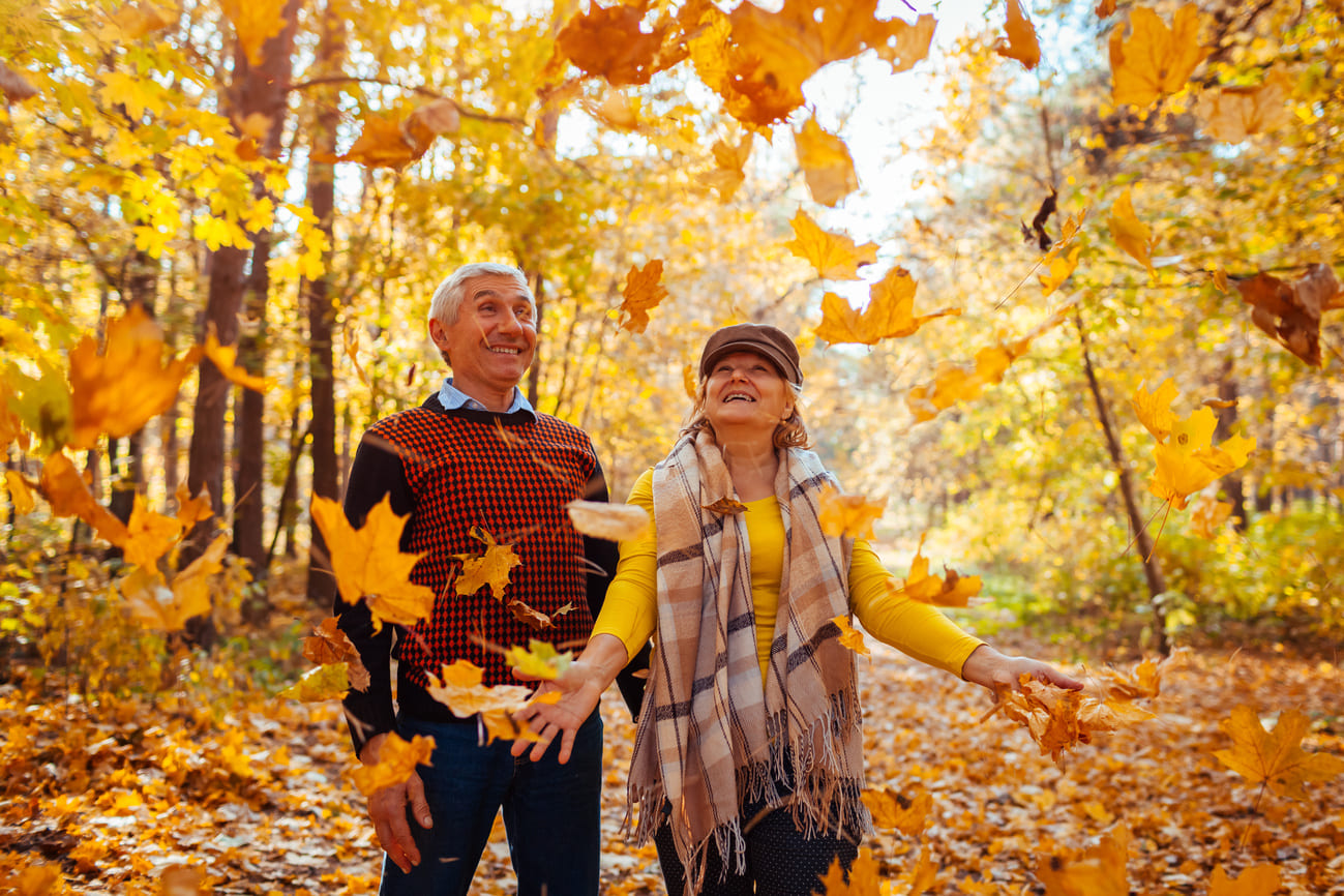 Ein Seniorenpaar spaziert durch einen bunten Herbstwald.