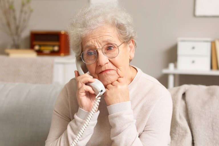 Eine alte Frau telefoniert.