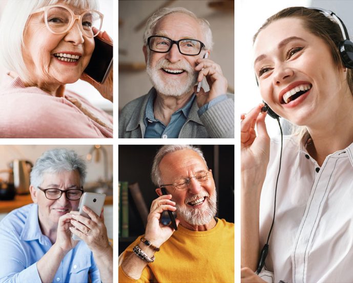 Collage Telefonstammtisch mit vielen telefonierenden Senioren und Moderatorin des ProVita Telefonstammtisches.